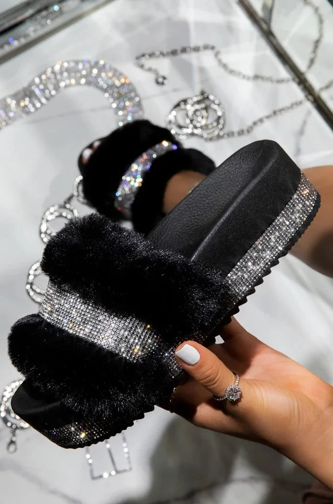 Elegant Fur Rhinestone Slide Sandals for Women