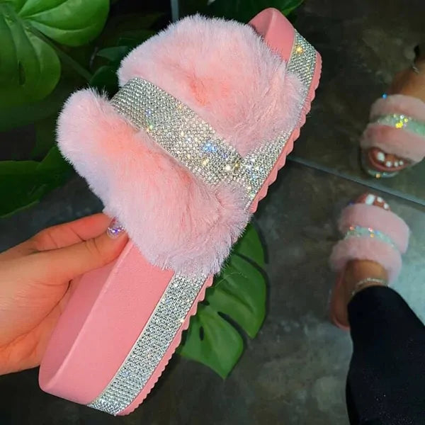 Elegant Fur Rhinestone Slide Sandals for Women