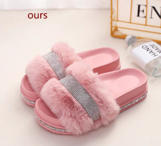 Elegant Fur Rhinestone Slide Sandals for Women