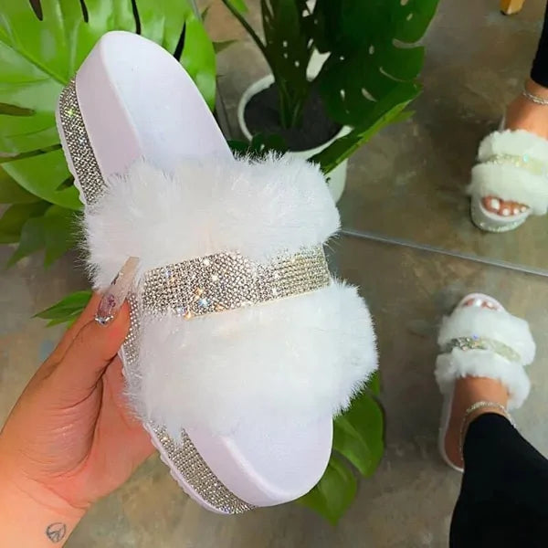 Elegant Fur Rhinestone Slide Sandals for Women