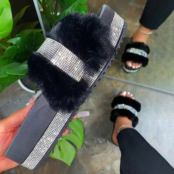 Elegant Fur Rhinestone Slide Sandals for Women